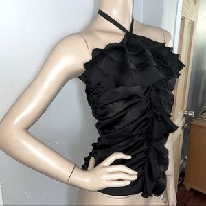 Arden B. Satin Ruffle Halter Ruche Tie back Top